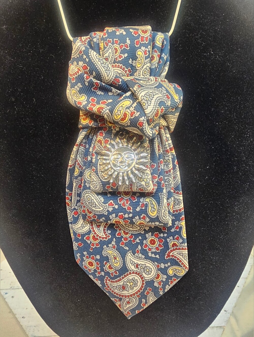 Women's Paisley Blue Silk Necktie With Sun Charm Necklace - Picture 2 of 6